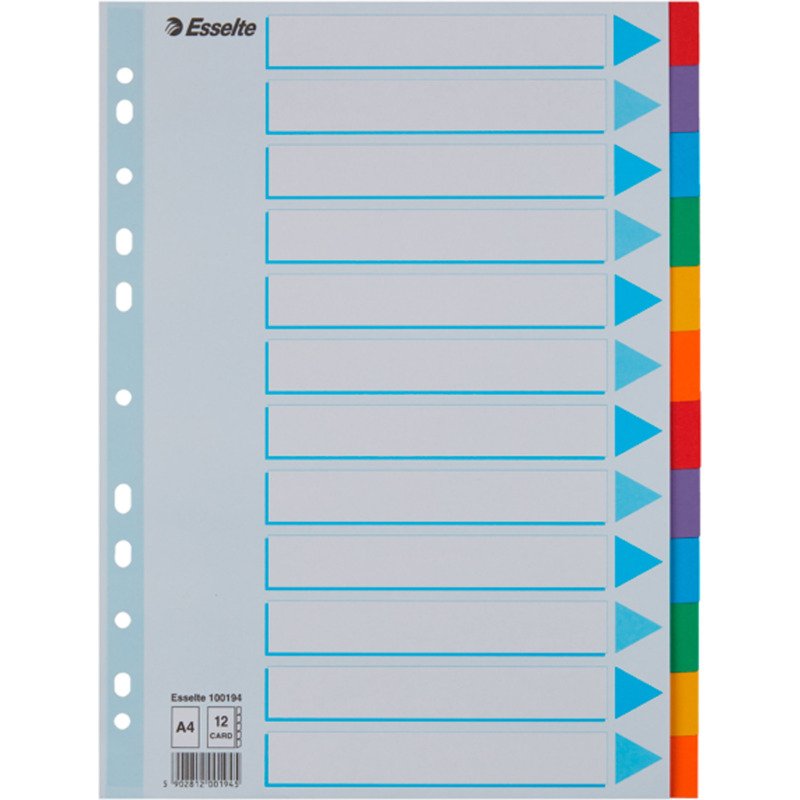 Intercalaires A4 carte colorée Esselte 12 onglets - 1 jeu