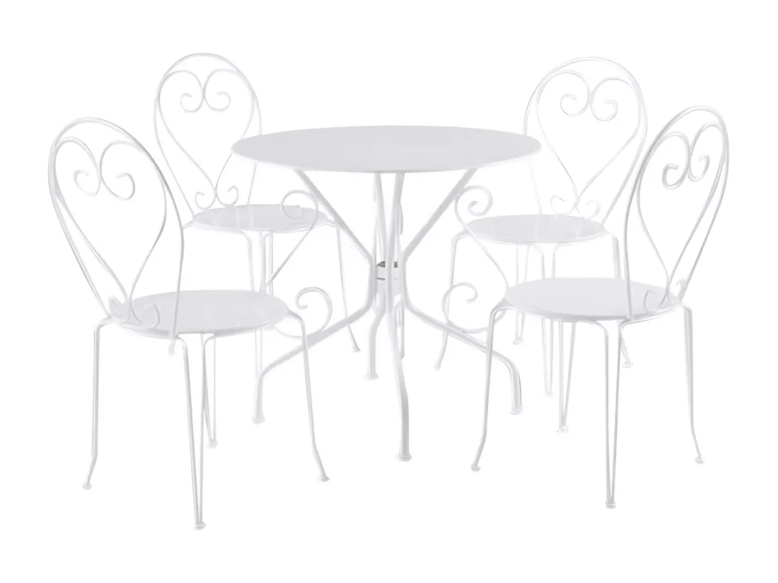 Salle à manger de jardin en métal façon fer forgé : une table et 4 chaises empilables - Blanc - GUERMANTES de MYLIA