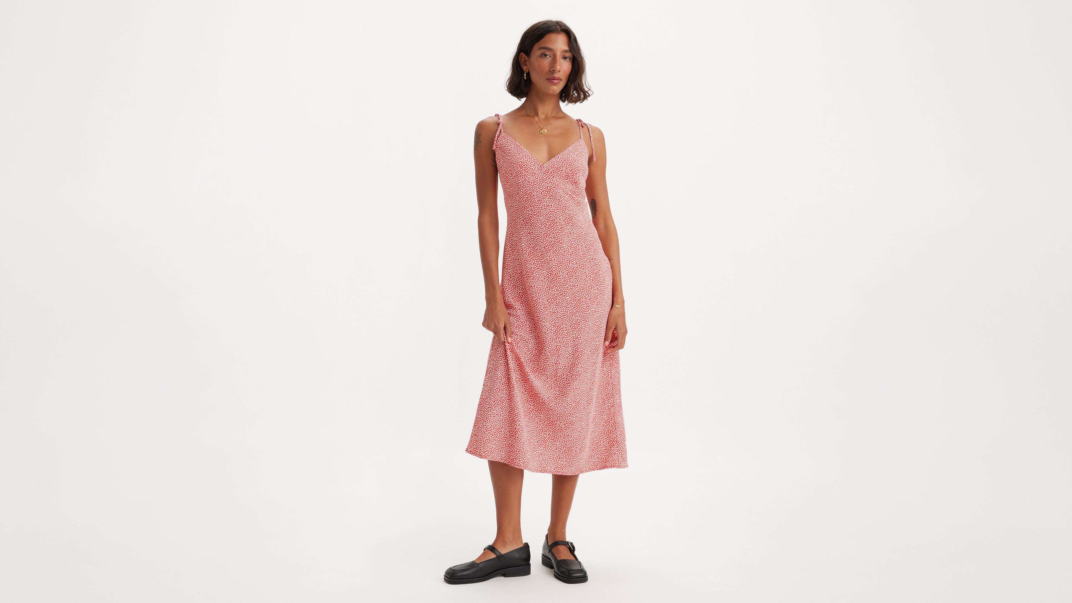 Robe mi-longue Rena - Olive Floral Coral Red - Rouge