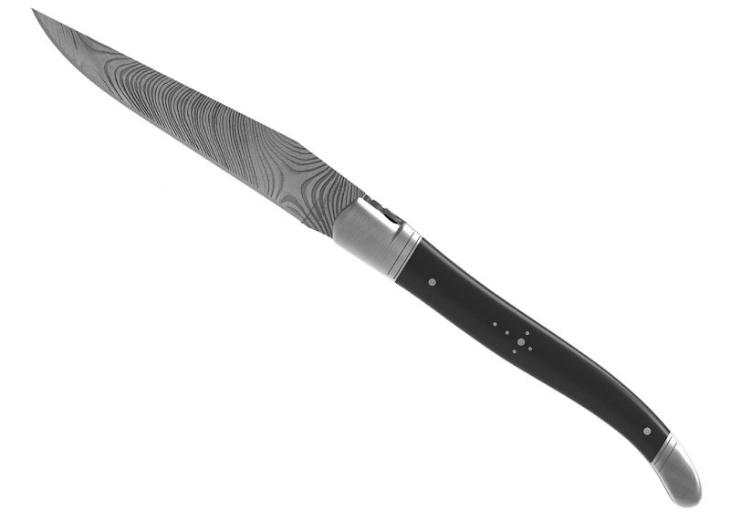 Couteau Laguiole collection damas avec un manche en bois d'ébène et 2 mitres en acier inoxydable
