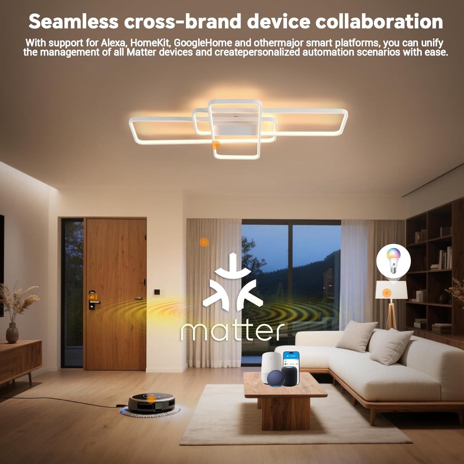 LED Deckenlamp Dimmbar Deckenleuchte with Matter, 56W 5600LM, Kompatibel Mit HomeKit, Alexa,  and IFTTT, Geometrisch Deckenbeleuchtung für Wohnzimmer, Schlafzimmer Weiß 105CM