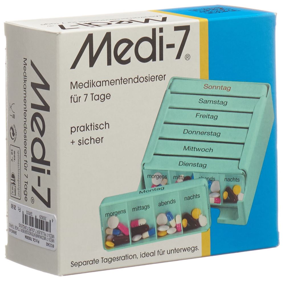 SAHAG Medi-7 Medikamentendosierer 7 Tage 4 Fächer pro Tag<br>1 Stück, türkis deutsch