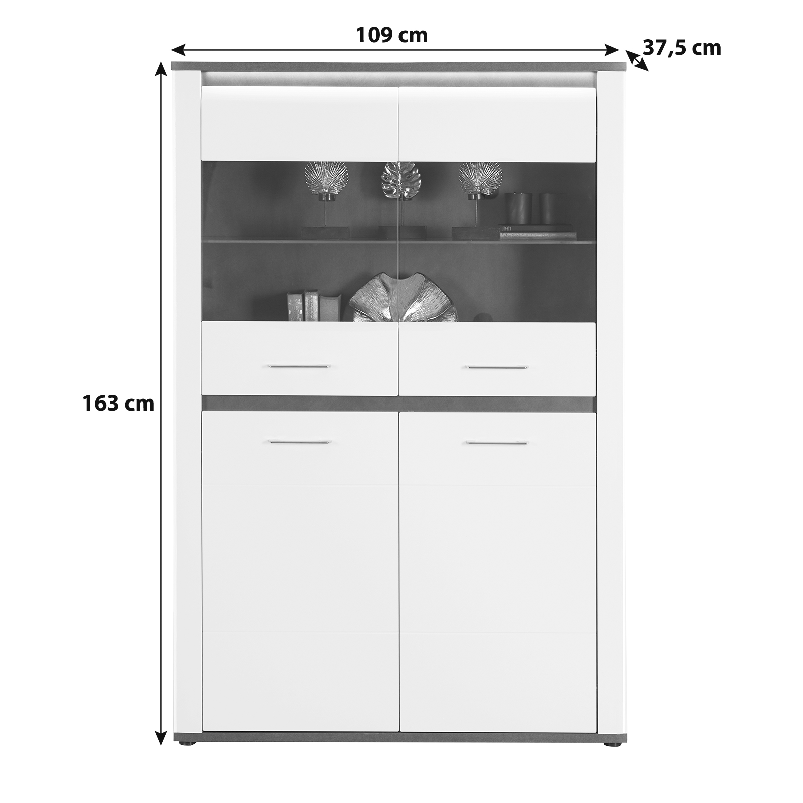 Luca Bessoni Highboardvitrine ALASSIO - weiß Hochglanz - Matera dunkel - 109 cm