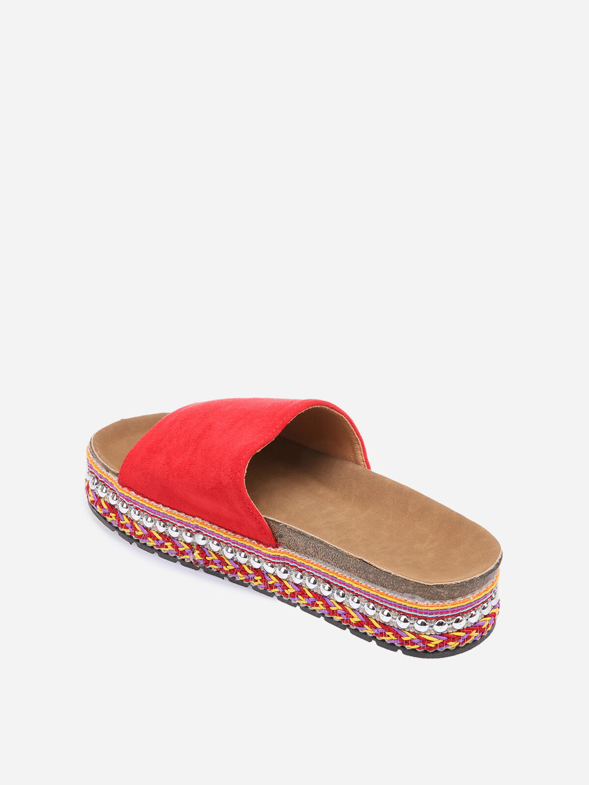 Mules à semelles cloutées et à motifs ethniques- Rouge
