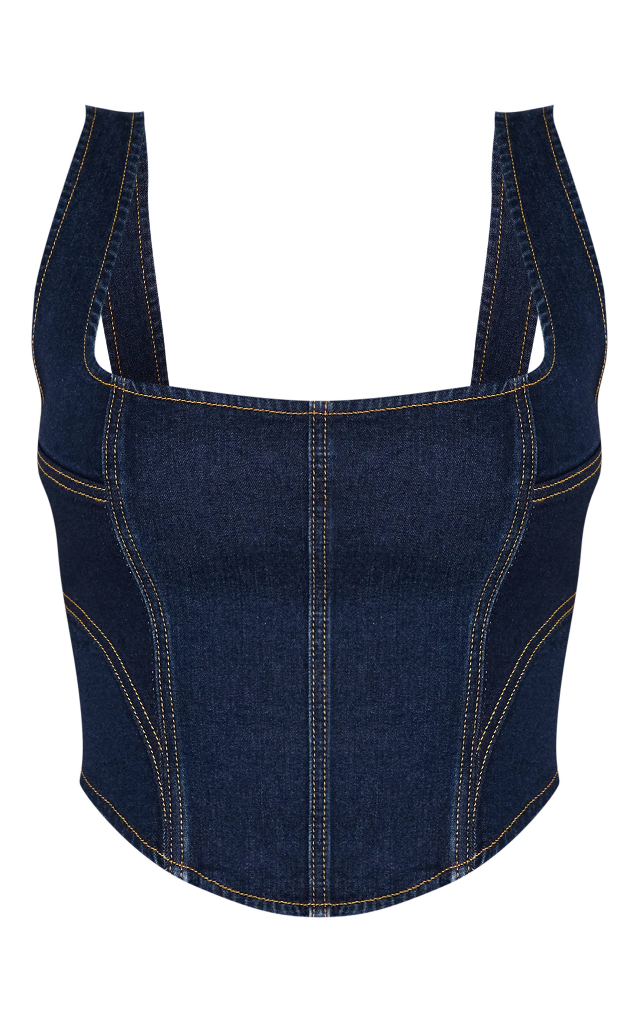 Bleu Indigo Foncé Corset En Denim Délavé Ajusté