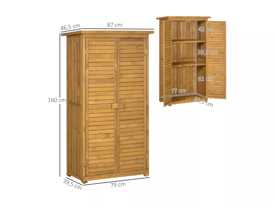 Armoire de jardin abri jardin remise pour outils sur pied 2 étagères portes persiennes toit bitumé étanche bois sapin pré-huilé