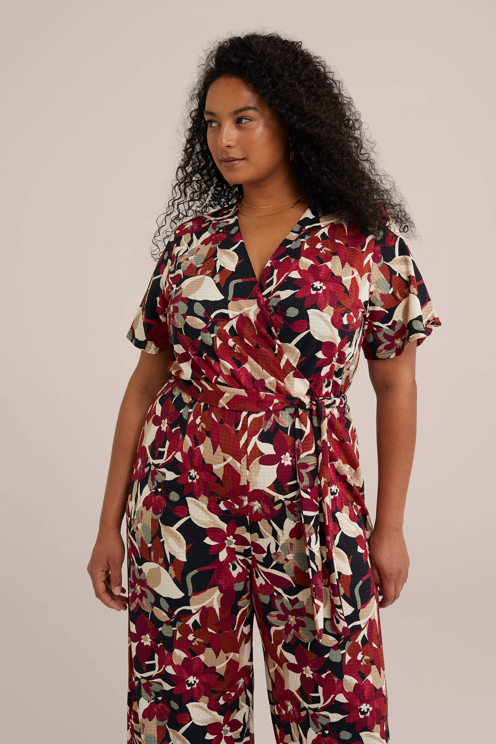 WE Fashion jumpsuit met all over print donkerrood/zwart/ecru