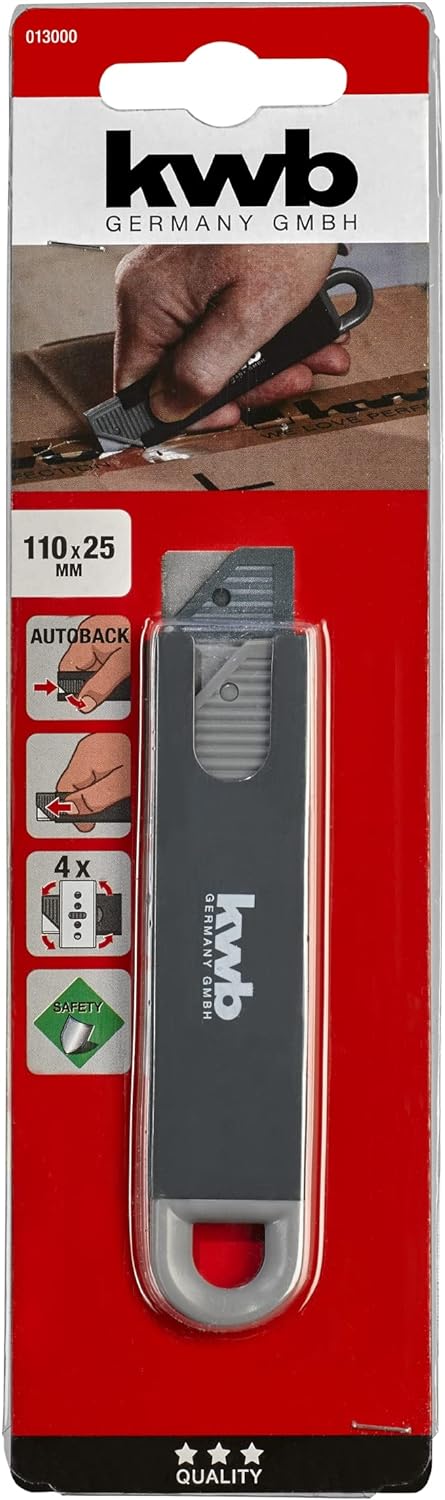 kwb 13000 Mini Sicherheits-Messer imTaschenformat, extra scharf,Cutter mit automatischem Klingen-Rückzug, 4-seitignutzbare Klinge, schwarz, 39 x 29