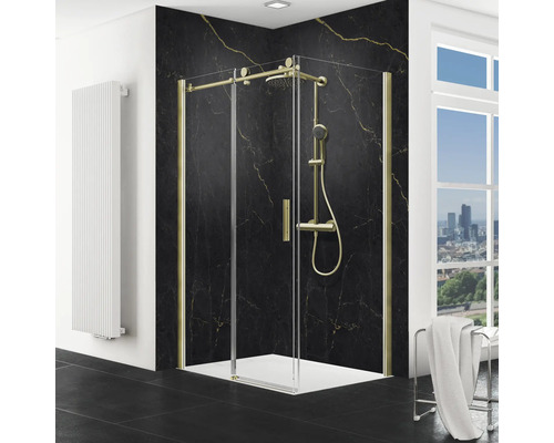 Douchedeur met zijpaneel en schuifdeur SCHULTE MasterClass ExpressPlus 140 x 90 cm, goudkleurig profiel, helder glas, deur linksdraaiend, zijpaneel rechtsdraaiend