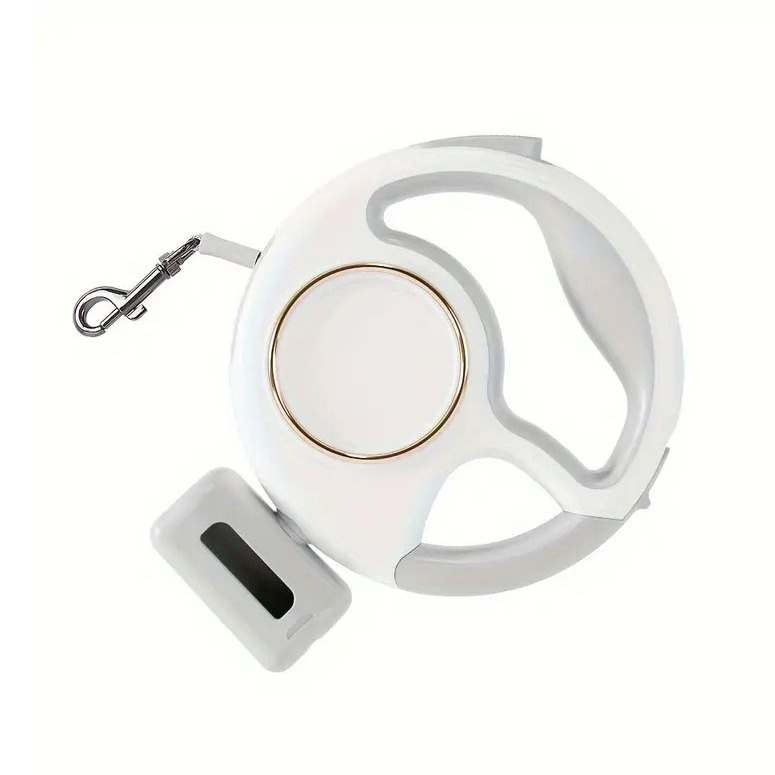 (3m) Einziehbare Hunde Leine mit Taschenlampe USB Rollleine inkl. LED Beleuchtung / Kotbeutel Spender / Karabiner Griff - Weiss