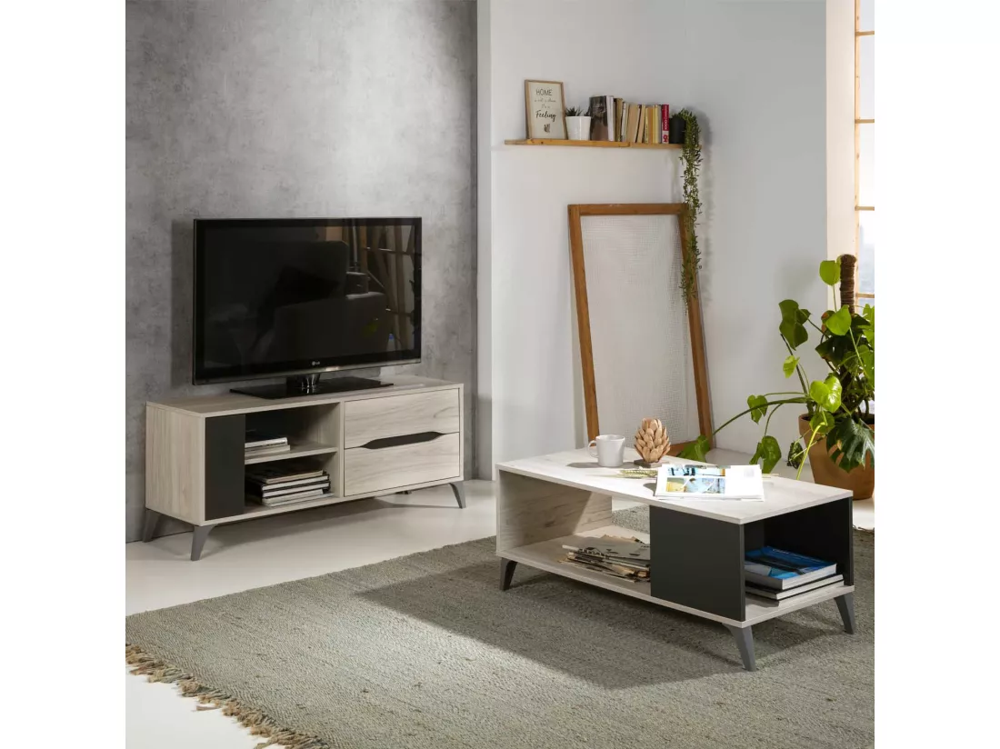 Meuble TV Salle à Manger Orly Couleur Chêne Clair et Gris, 1 Porte et 2 tiroirs