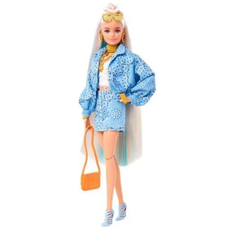 Barbie Extra Puppe (blond) mit hellblauem Rock & Jacke, Hund & Zubehör