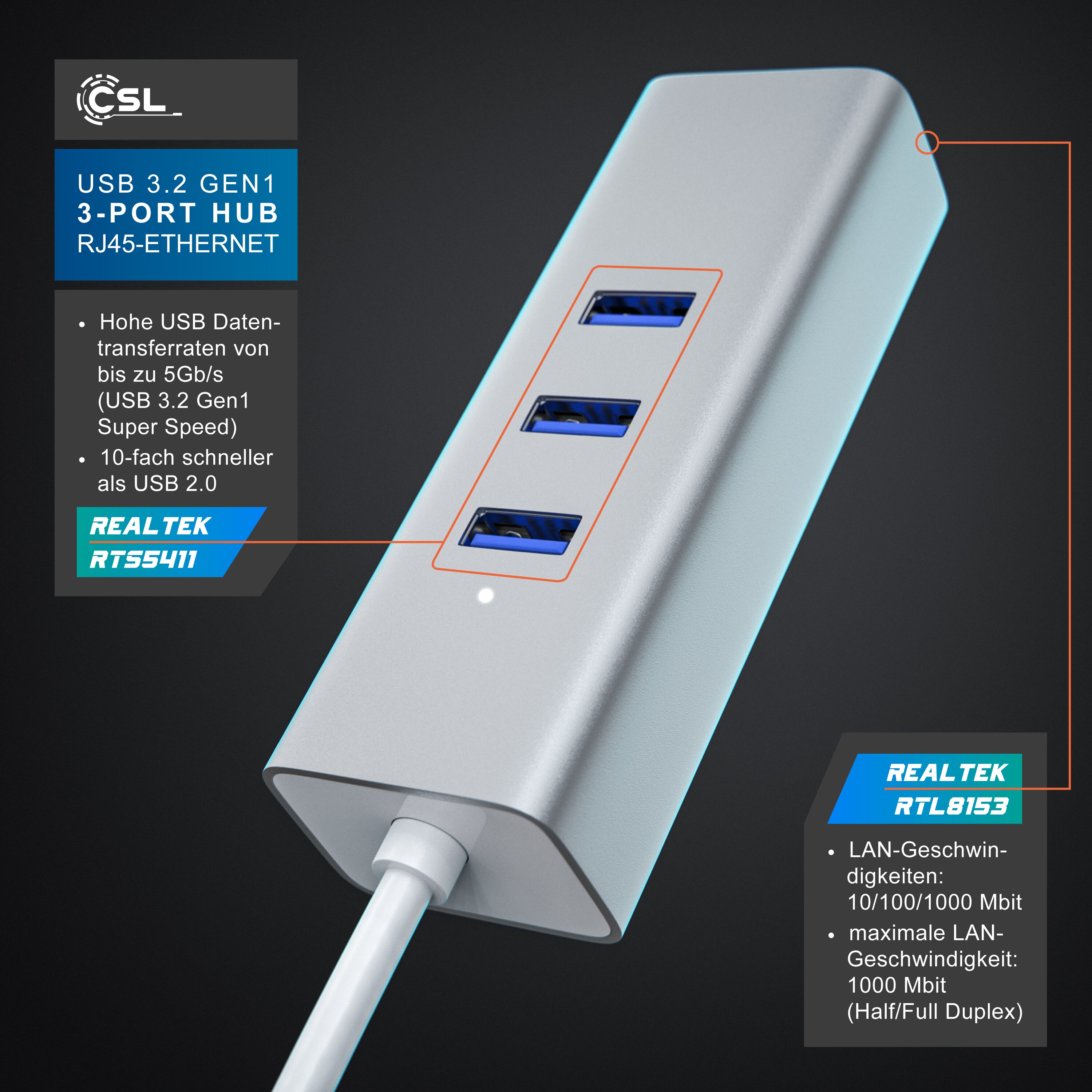 CSL 3-Port USB 3.1 Gen1 Verteiler inkl. Netzwerkadapter mit RJ45 Buchse / Aluminium Gehäuse