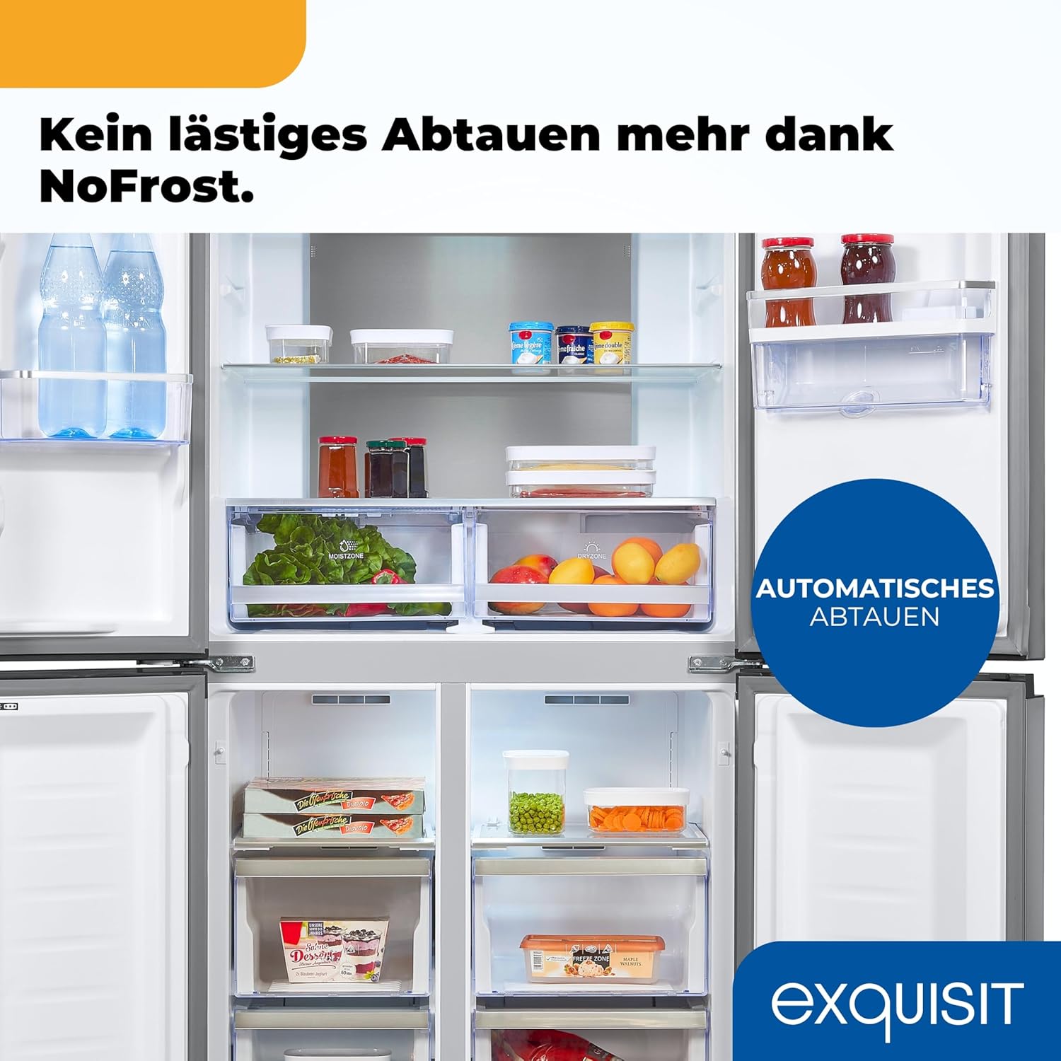 Exquisit Multi-Door Kühlschrank MD430-100-WS-200E inoxlook-az | 432 L Volumen | NoFrost | Wasserspender | Cross Door Kühl-Gefrierkombination
