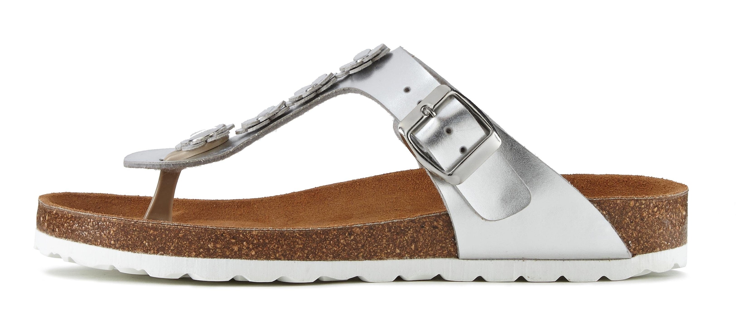 LASCANA Zehentrenner »Sandale, Pantolette, offener Schuh, Sommerschuh,«  mit modischer Applikation und Komfortkorkfussbett aus Leder