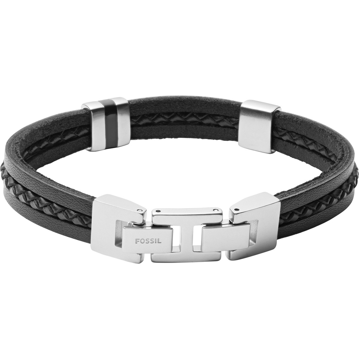 Bracelet FOSSIL acier cuir noir multi-rangs 19,5 cm