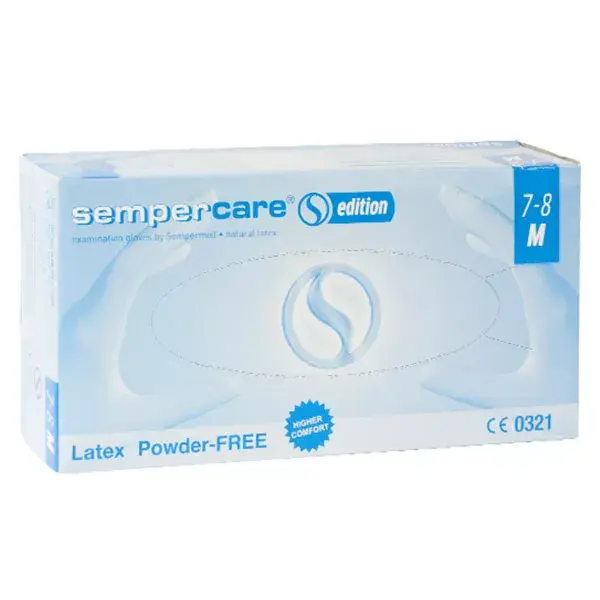 Luvas de látex sem pó Sempercare, tamanho M, pacote com 100 unidades.