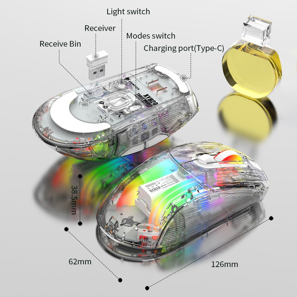 2.4GHz / Bluetooth 5.0 Wireless Gaming Maus 2400 DPI mit Akku (500 mAh) / 7 Tasten und RGB - Transparent
