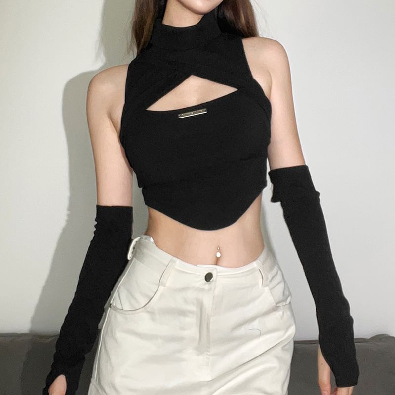 Sugarcoat - Set: Halter-hals cutout effen crop top + mouwen