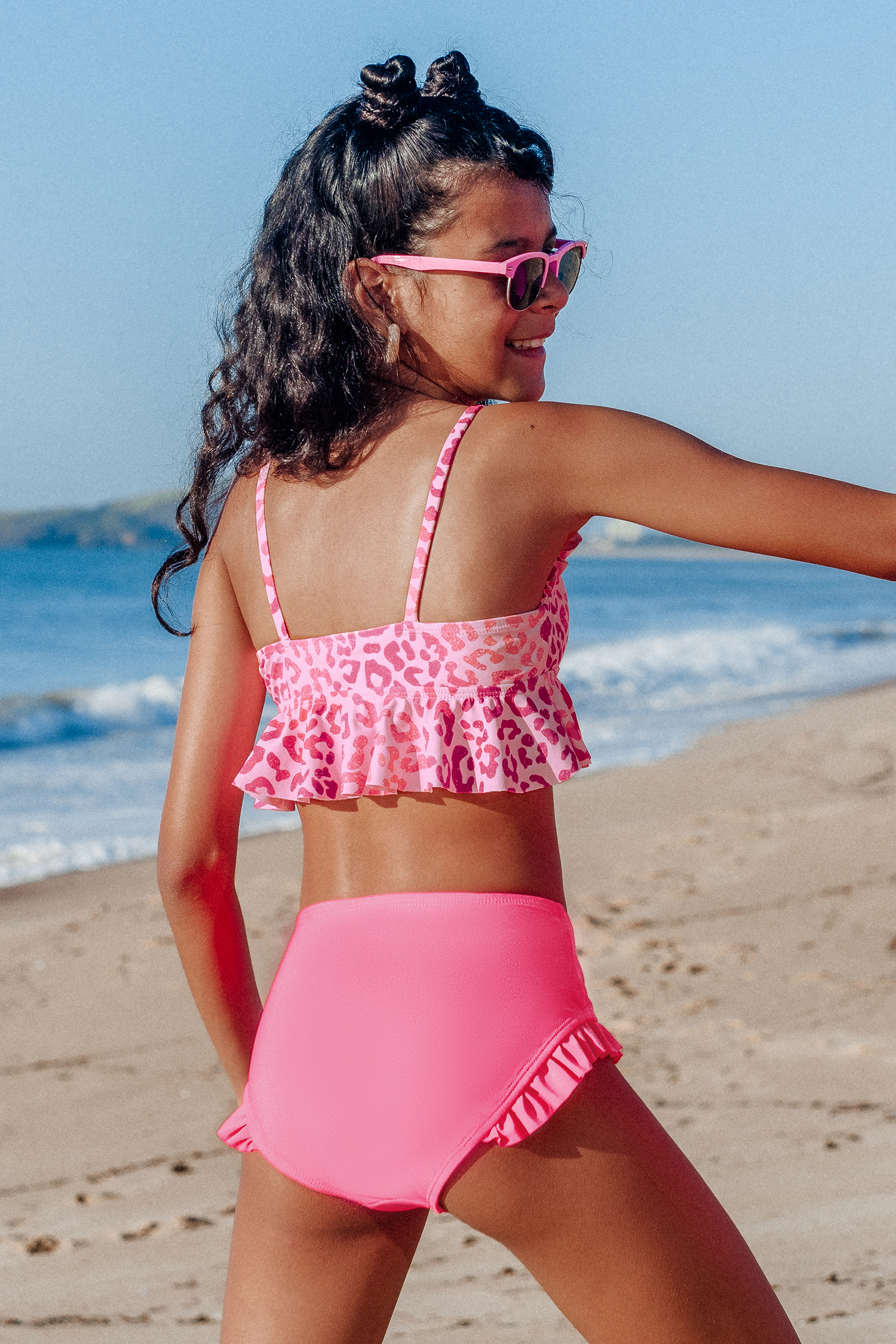 Bikini à volants à imprimé léopard rose pour fille