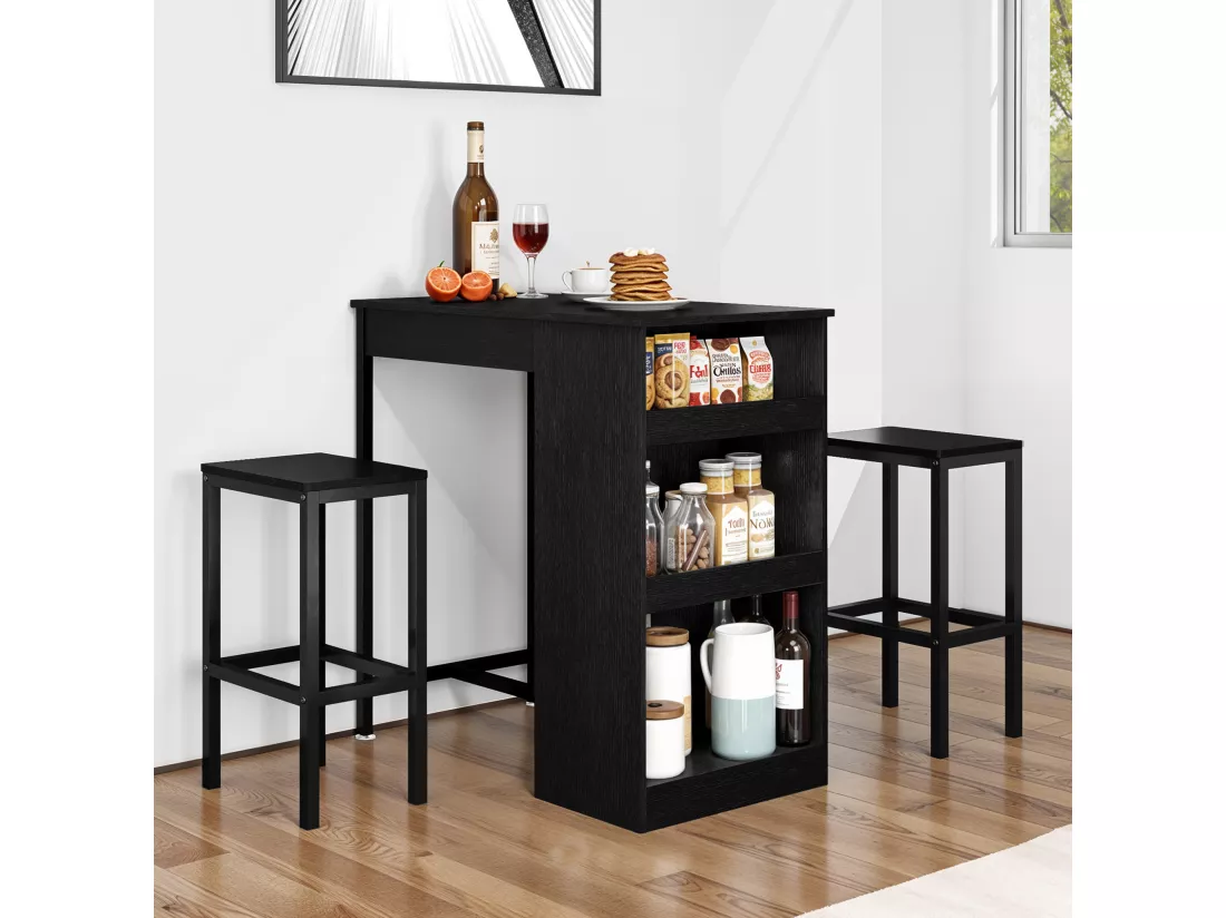 YITAHOME Table de bar 3 Pièces - 2 tabourets - Noir - Étagères ouvertes - pour la Maison, la Cuisine, le Pub et le Café