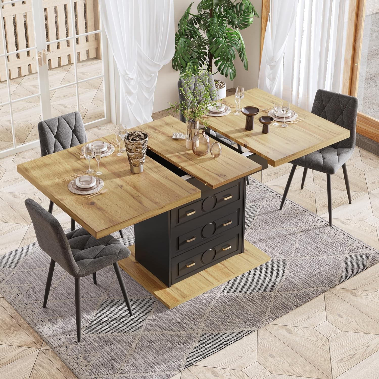 Merax Esstisch Ausziehbar 110-140cm, Esszimmertische mit Stauraum, Rechteckiger Küchentisch mit 2 Schubladen, 1 Staufächer, platzsparender Holztisch für Esszimmer, Küche, Terrasse, Holzoptik & Schwarz