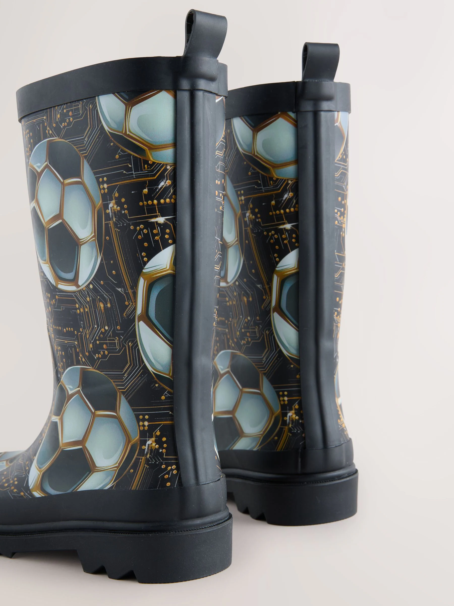 Zwart met goudkleurige voetbal - Rubberen regenlaarzen