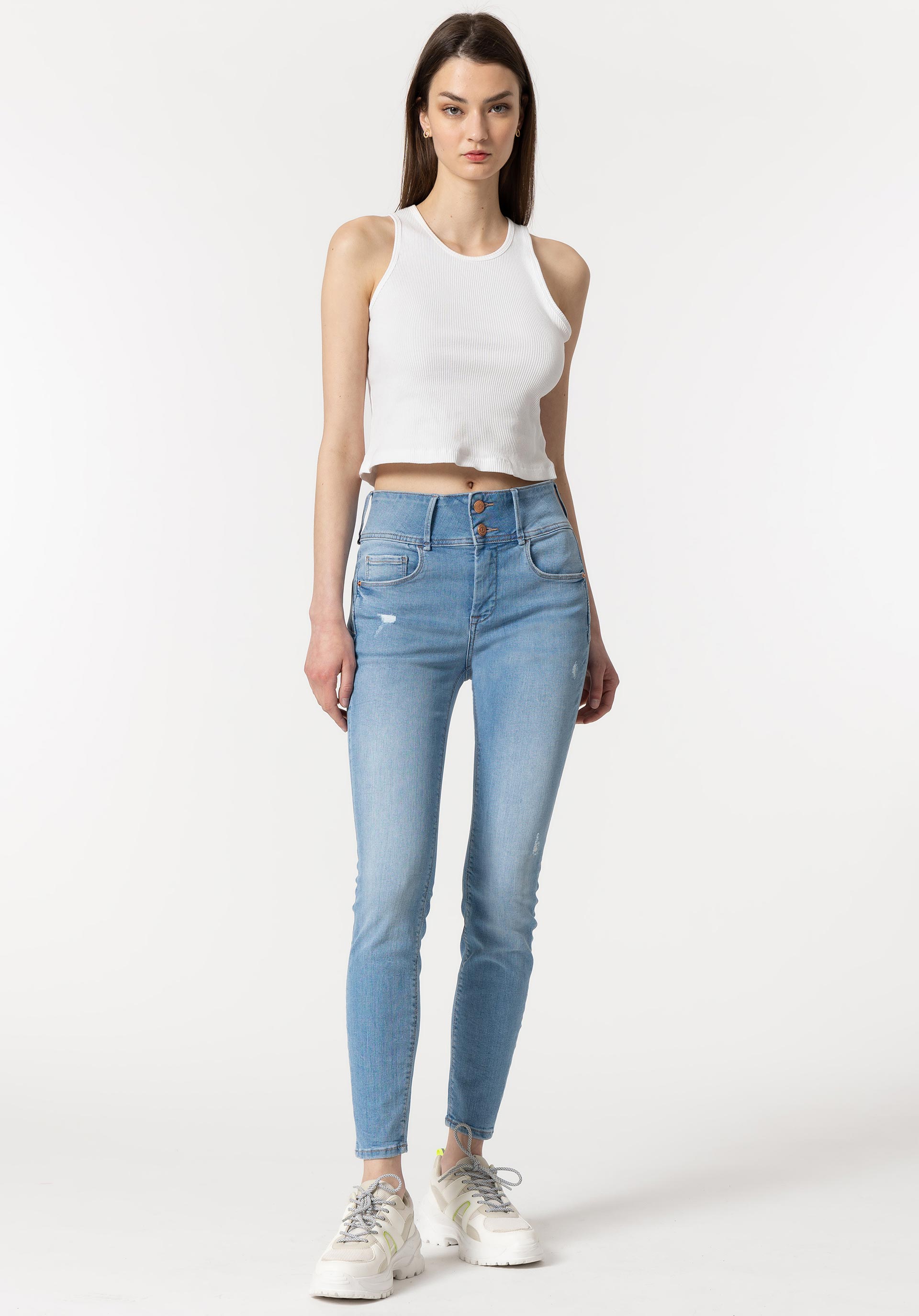 Jeans Double-up Skinny Cintura Alta Rasgões