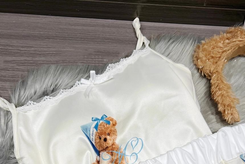 GOUB - Pyjamaset: camisoletop met kanten rand en berenprint + pyjamashorts