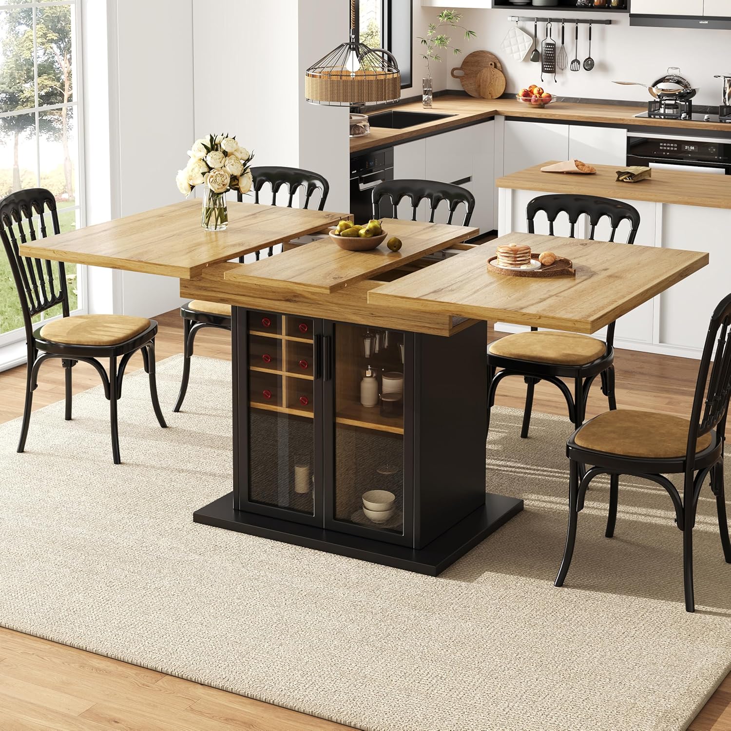 Esstisch Ausziehbar(110-140 * 80cm), Teleskoptisch für 4-6 Personen, Esstisch mit Stauraum, Esszimmertische mit Weinregal und Braune Glastür für Küche und Wohnzimmer, Schwarz（Keine Stühle）