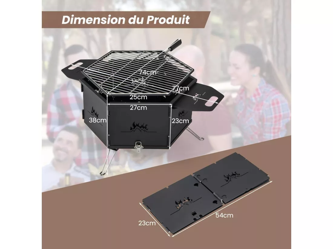 Barbecue de Charbon de Bois Portable avec Grille Rotative à 360°, Barbecue Portable avec Poignées Corps et Pieds Pliables, pour Pique-Nique, CamBoisg, Randonnée