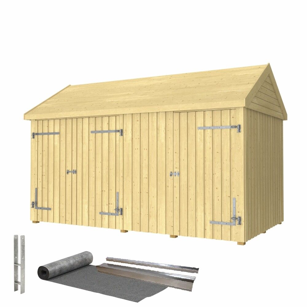 REDSKAPDBOD PLUS CLASSIC MULTI MED ENKEL OG DOBBELDØR INKL. TAKPAPP/ALUMINIUMLISTER/STOLPEFØTTER UBEHANDLET 10M²