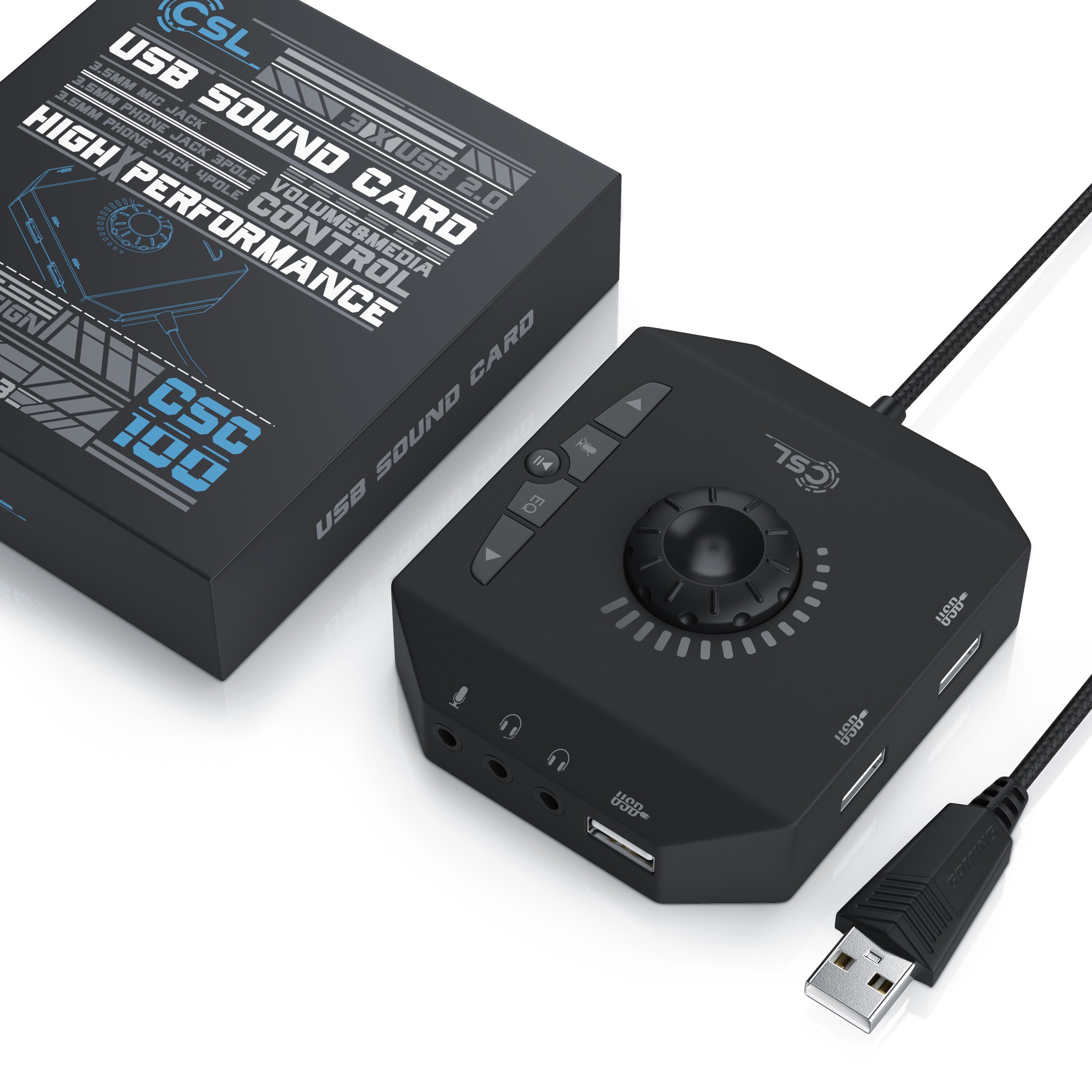 CSL externe USB Soundkarte mit Lautstärkeregelung Anschluss für Headset, Kopfhörer, Mikrofon