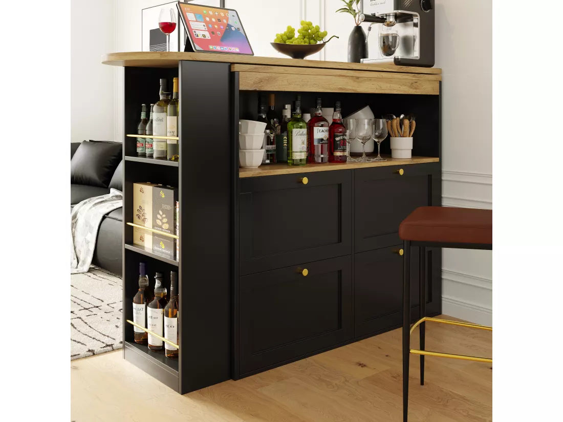 Buffet、Meuble de bar pivotant et escamotable - 4 tiroirs et 4 compartiments - Noir