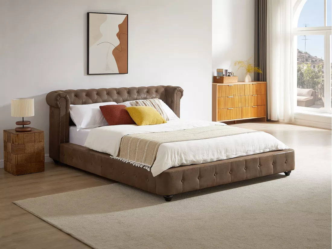 Lit chesterfield 160 x 200 cm - Tissu effet cuir vieilli - Marron - TONGERLA