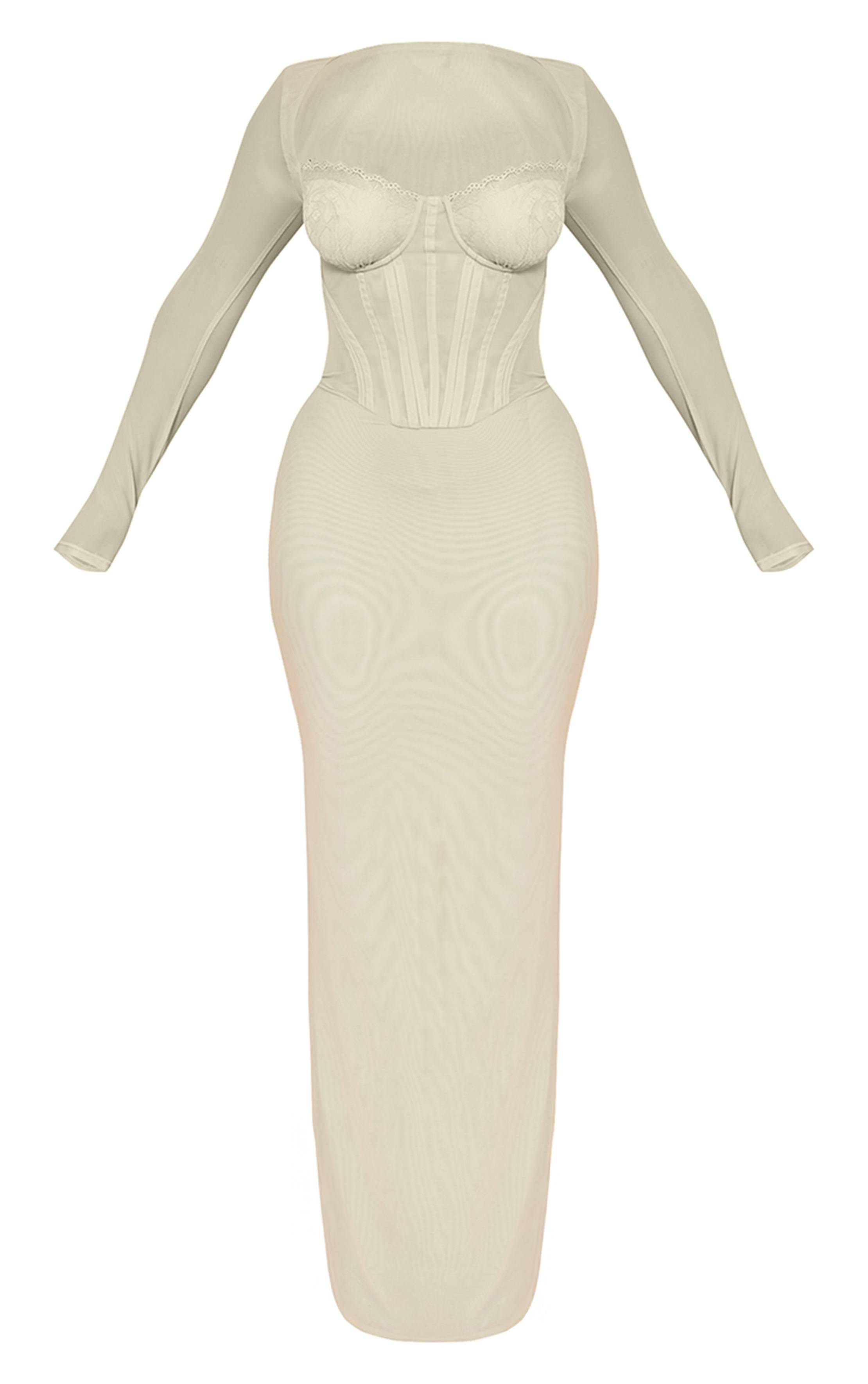 Vert Sauge Robe Longue Corsetée En Mesh Avec Empiècement En Dentelle Shape
