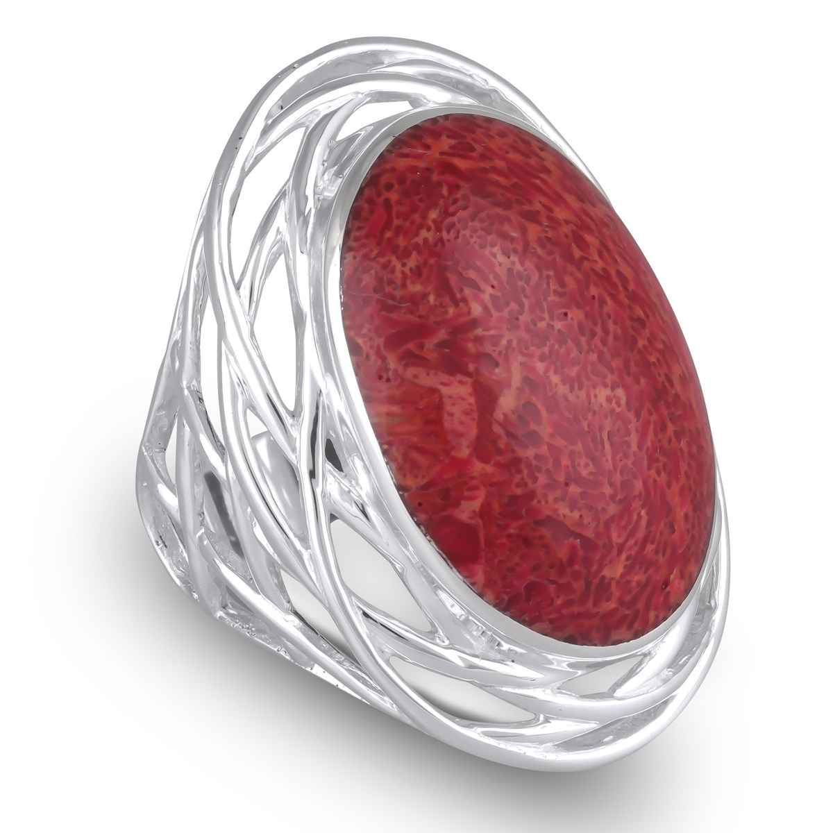 Bague cabochon corail ovale Nid d'argent | Aden Boutique