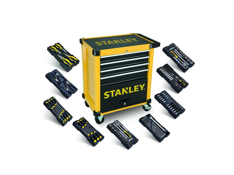 Stanley Werkstattwagen 4 Schubladen, bestückt mit 9 Modulen Werkstattwagen mit Grundausstattung an Werkzeugen in praktischem TransModul System