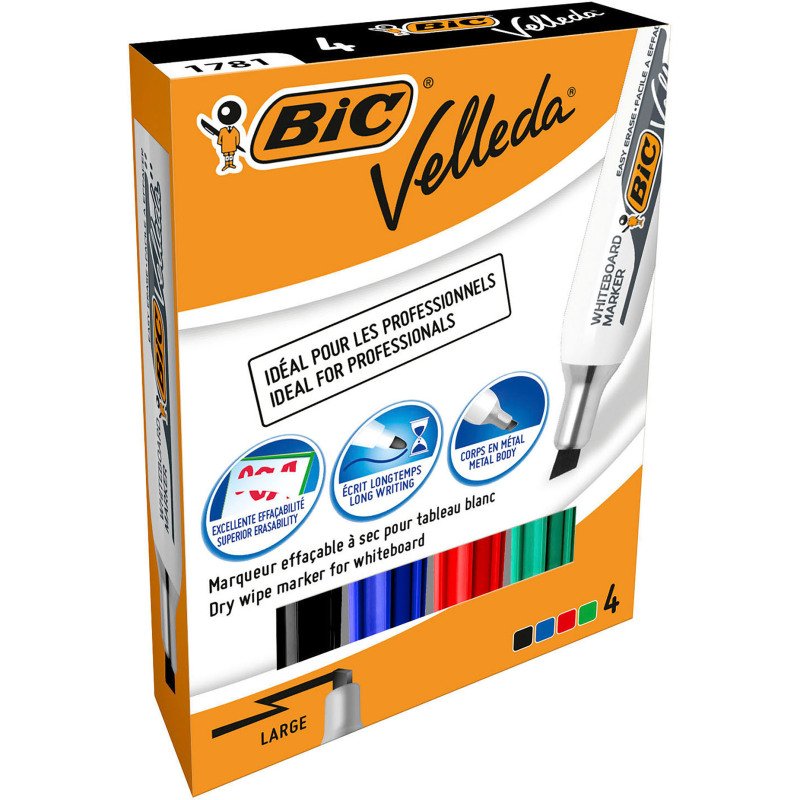 Marqueur effaçable Bic Velleda 1781 pointe biseautée 3 mm - Pochette de 4 couleurs assorties