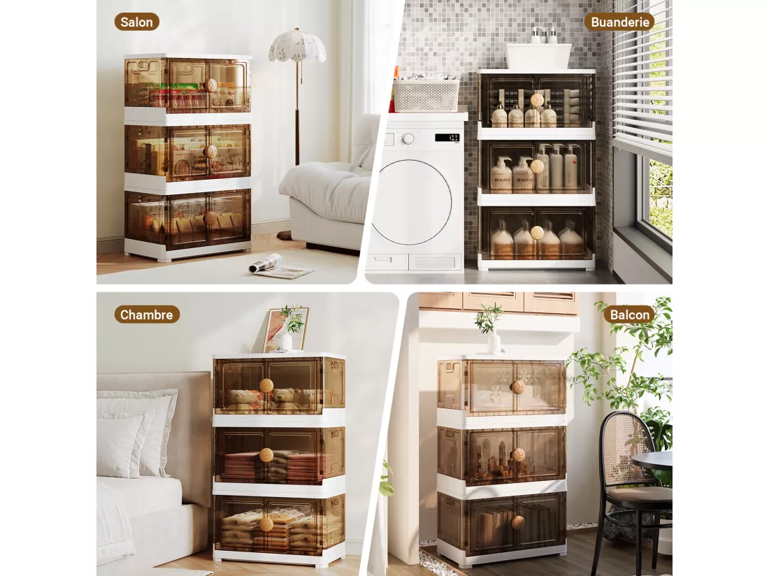 Boite de Rangement 285L, 3 Bac de Rangement Pliable Étanche, Caisses de Rangement Transparente, avec couvercle 4 roulettes, Empilable