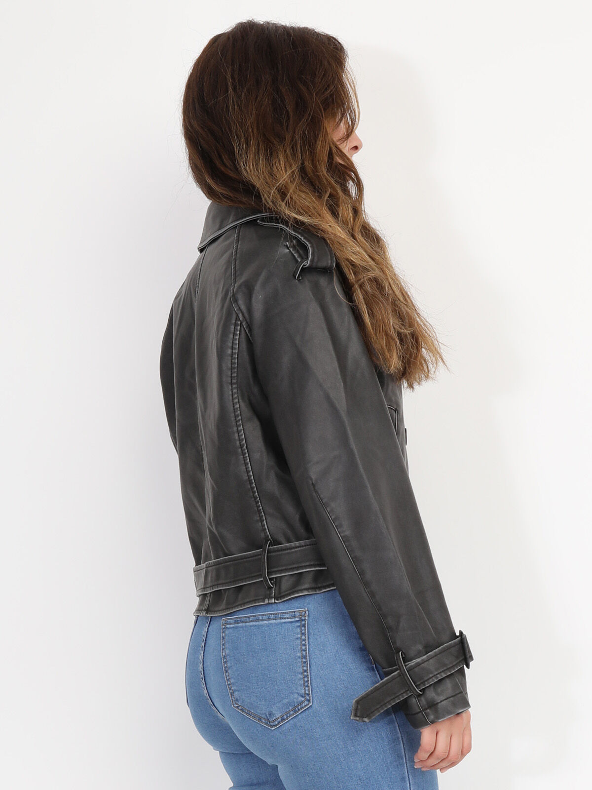 Blouson style trench en simili patiné- Gris foncé