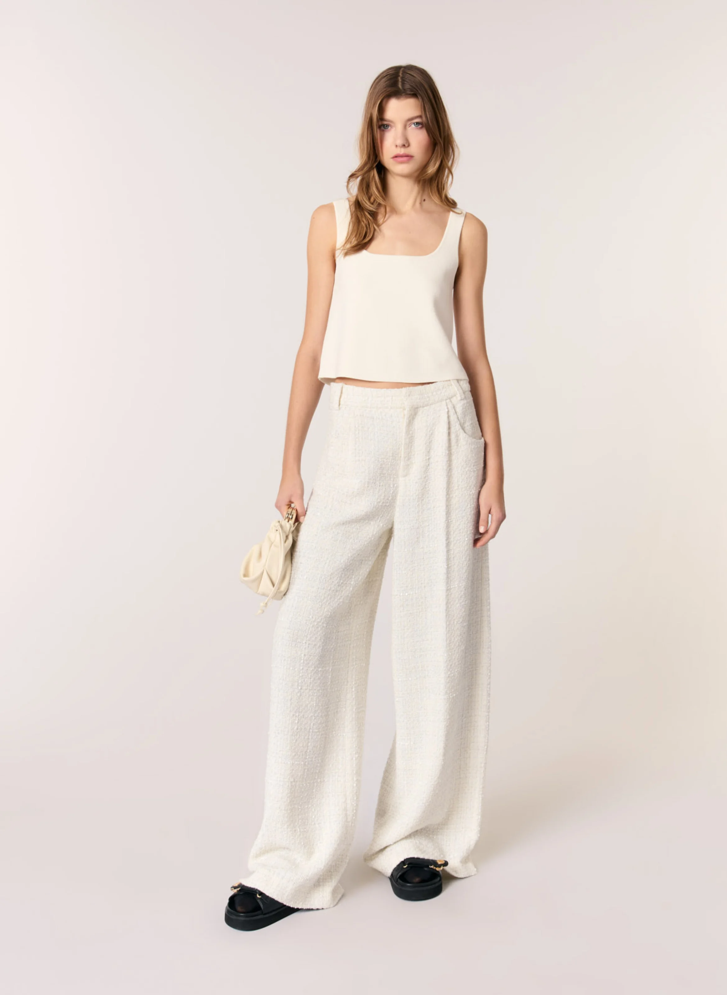 Pantalon large en coton mélangé | Beige