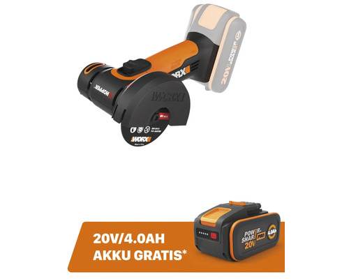 WORX CHOPPER 20V 76mm snoerloze mini haakse slijper WX801.9 + GRATIS bonusartikel: 20V accu WA3644 (4,0Ah)