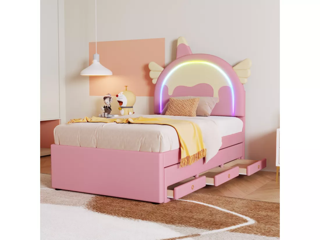 Lit gigogne 90 x 200 cm + 90 x 190 cm avec 3 tiroirs - Tête de lit en forme licorne - Similicuir - Rose