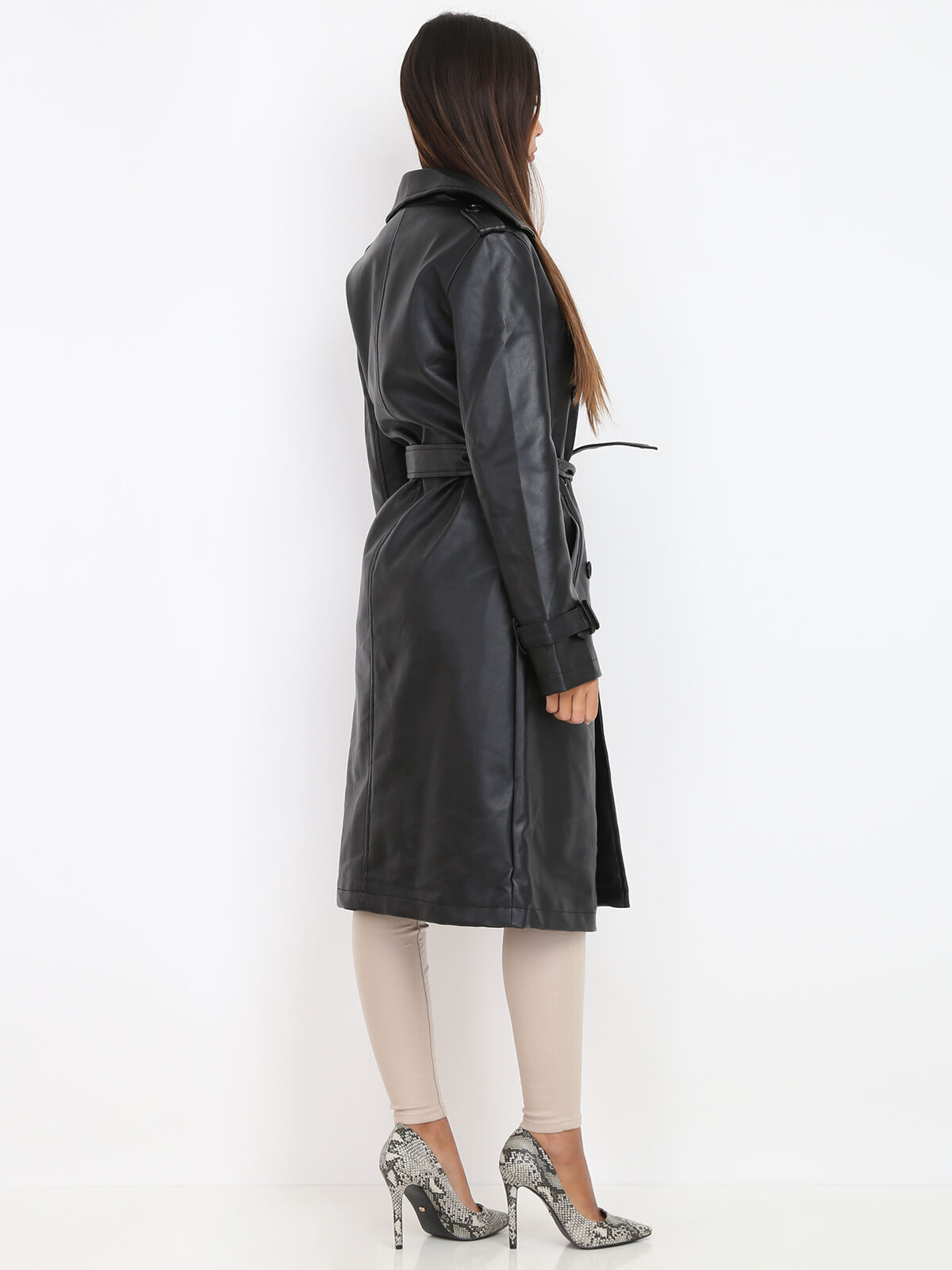Trench en simili avec ceinture- Noir
