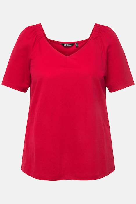 Shirtbluse, Kräuselungen, V-Ausschnitt, Halbarm