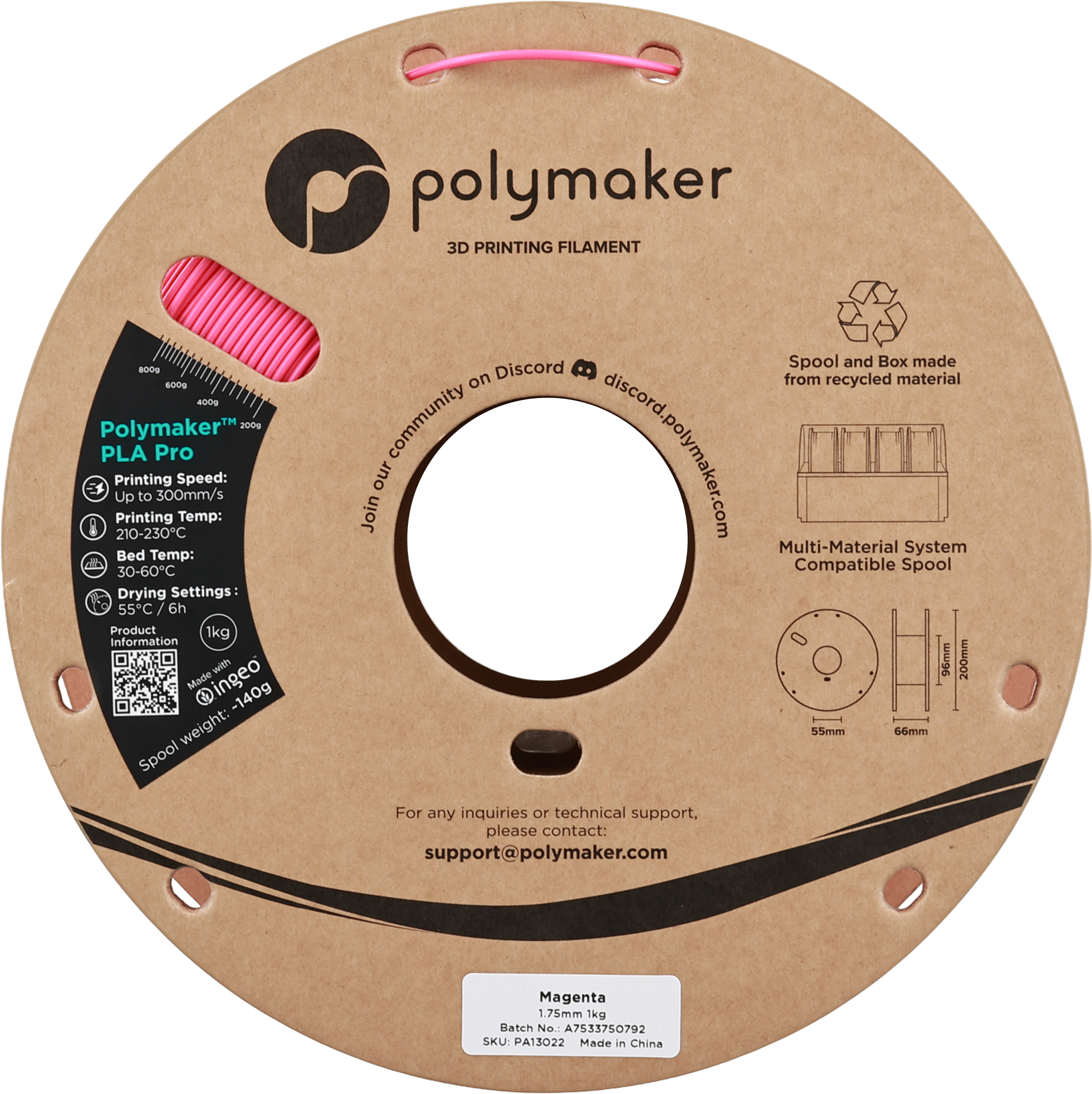 Polymaker  PLA Pro Magenta, 1,75 mm / 1000 g    Neue, verbesserte Formulierung: Hochleistungs-High Speed-PLA in Magenta