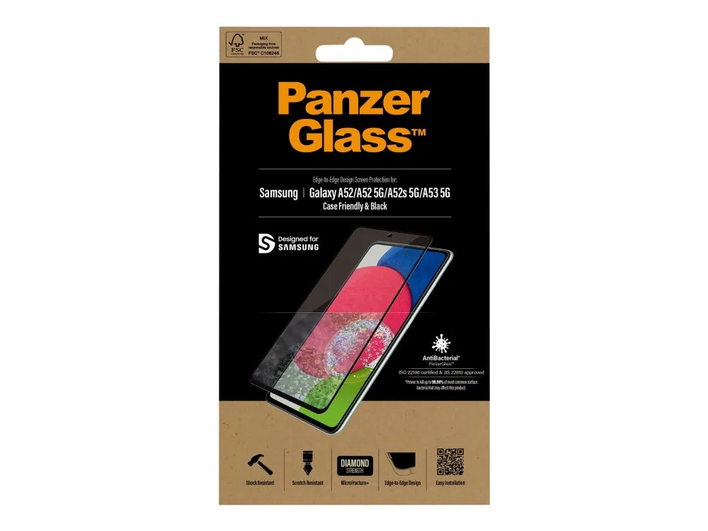 PanzerGlass™ | Case-Friendly - Skærmbeskytter for mobiltelefon - Edge-to-Edge fit - rammefarve sort | Samsung Galaxy A52/A52 5G