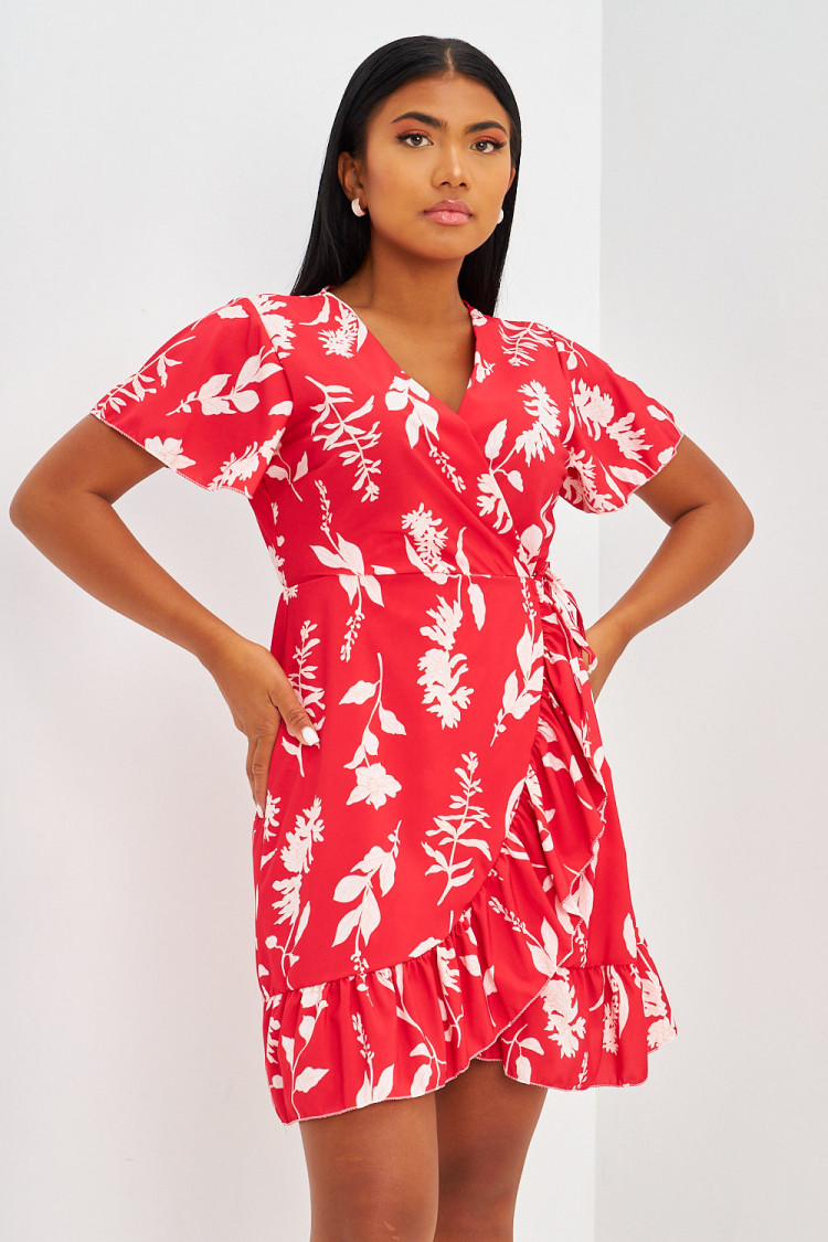 Robe portefeuille à volants fleurie rouge