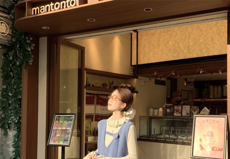 Trendycas - Top met lange mouwen en mockneck, gemêleerde ruches, gebreide top met V-hals en bloemenaccent, vest met elastische taille en bloemenprint in A-lijn